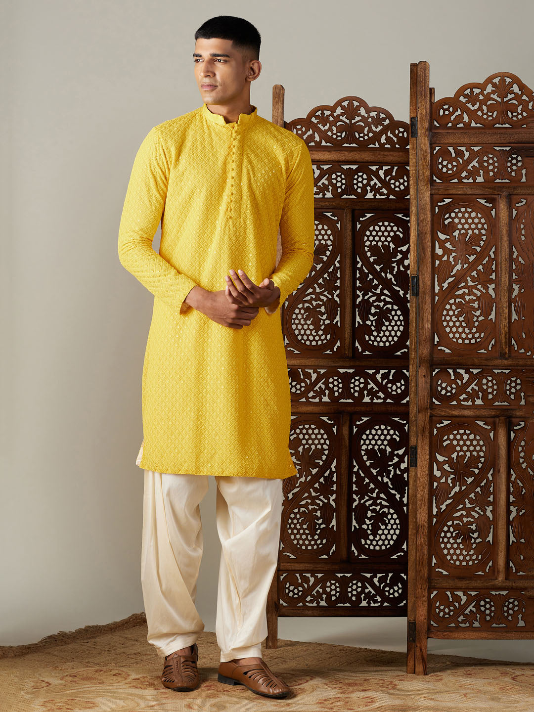 Vastramay Men's Yellow Embroidery Worked Georgette Kurta With Cream Patiala Set