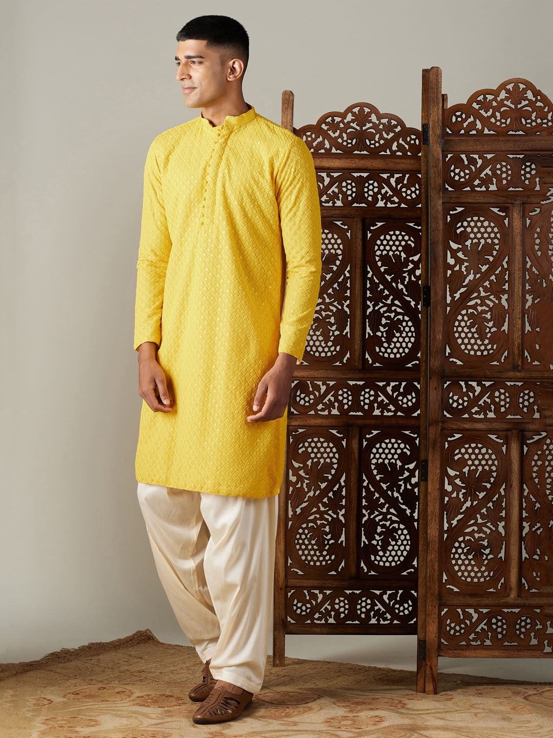 Vastramay Men's Yellow Embroidery Worked Georgette Kurta With Cream Patiala Set