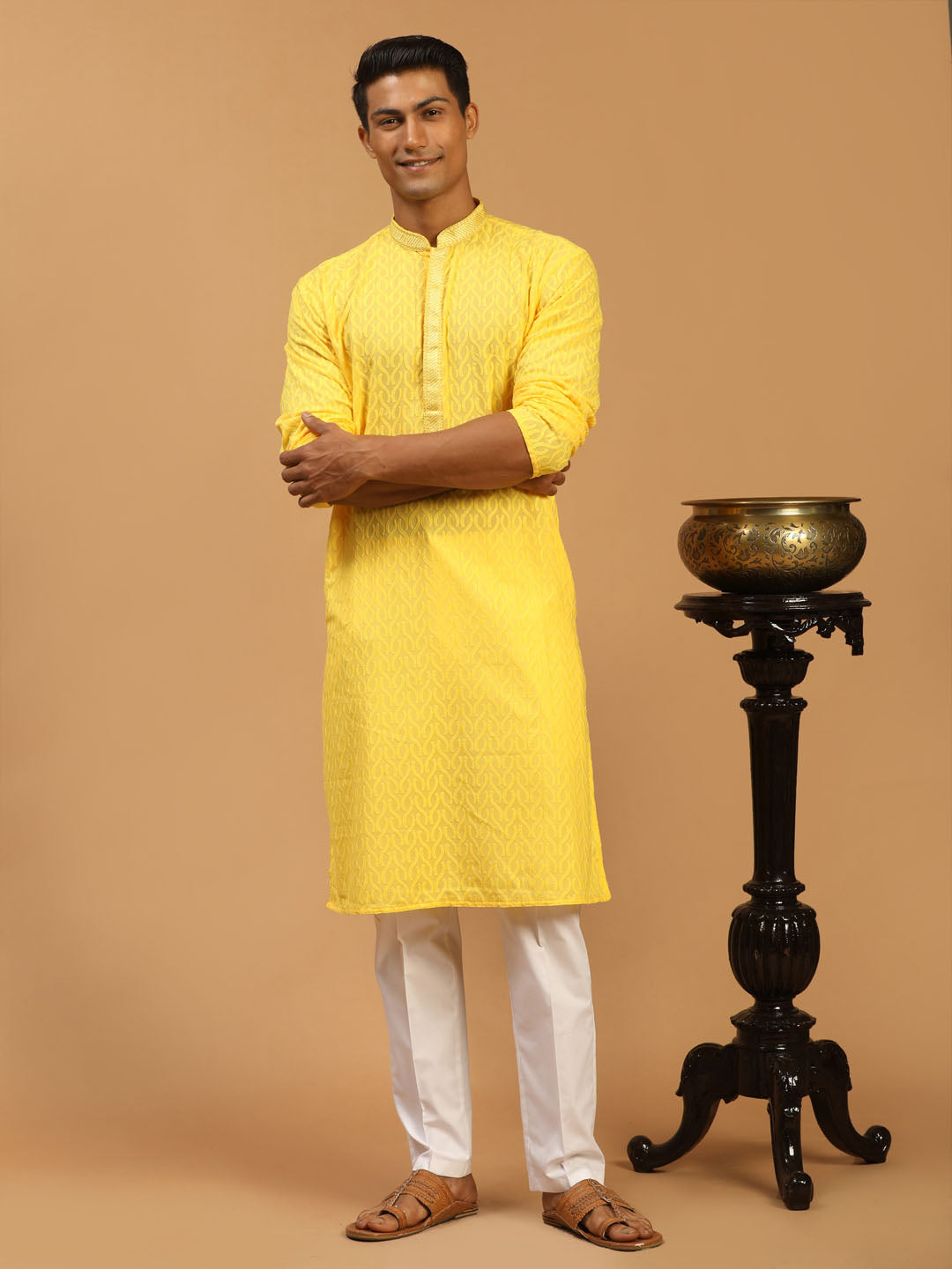 Vastramay Men's Yellow Embroidered Pure Cotton Kurta With White Pant Style Pyjama Set