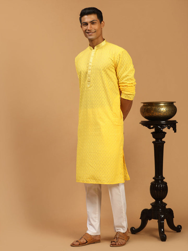 Vastramay Men's Yellow Embroidered Pure Cotton Kurta With White Pant Style Pyjama Set