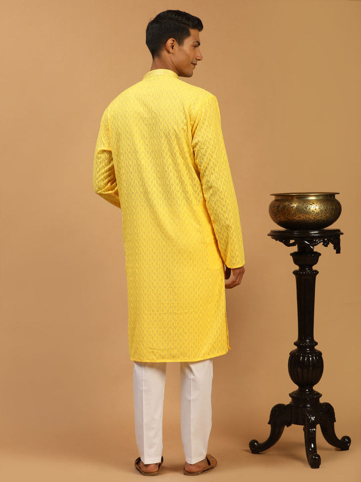 Vastramay Men's Yellow Embroidered Pure Cotton Kurta With White Pant Style Pyjama Set