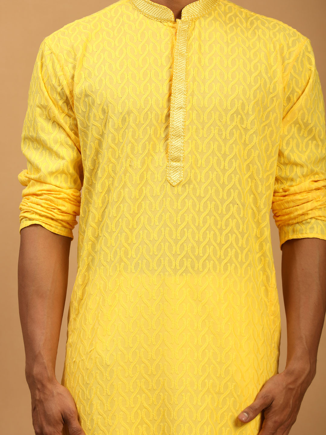 Vastramay Men's Yellow Embroidered Pure Cotton Kurta With White Pant Style Pyjama Set