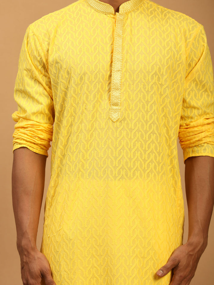 Vastramay Men's Yellow Embroidered Pure Cotton Kurta With White Pant Style Pyjama Set