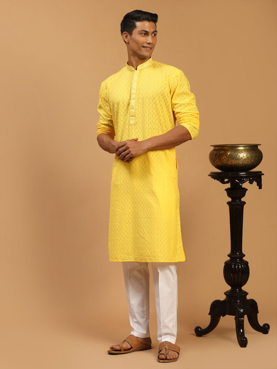 Vastramay Men's Yellow Embroidered Pure Cotton Kurta With White Pant Style Pyjama Set