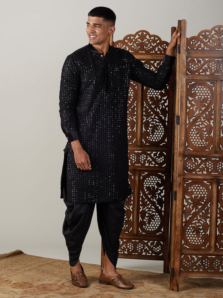 Vastramay Men's Black Mirror Georgette Kurta Dhoti Set with intricate embroidery and design details