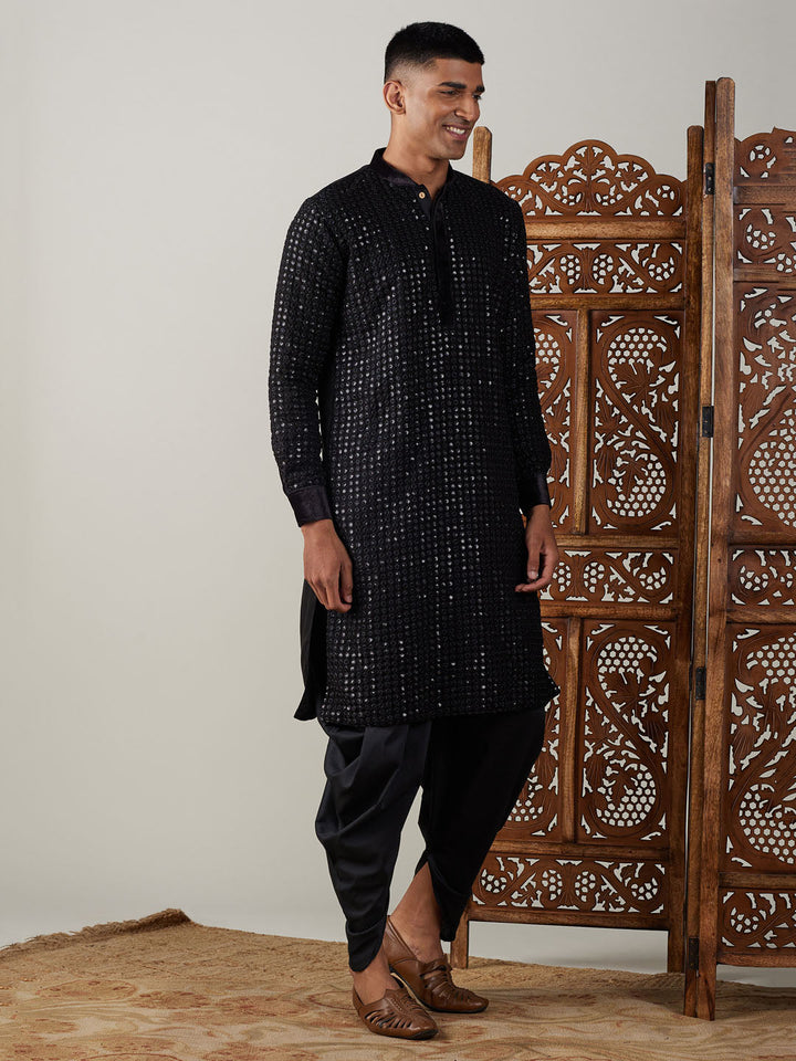 Vastramay Men's Black Mirror Georgette Kurta Dhoti Set for traditional occasions