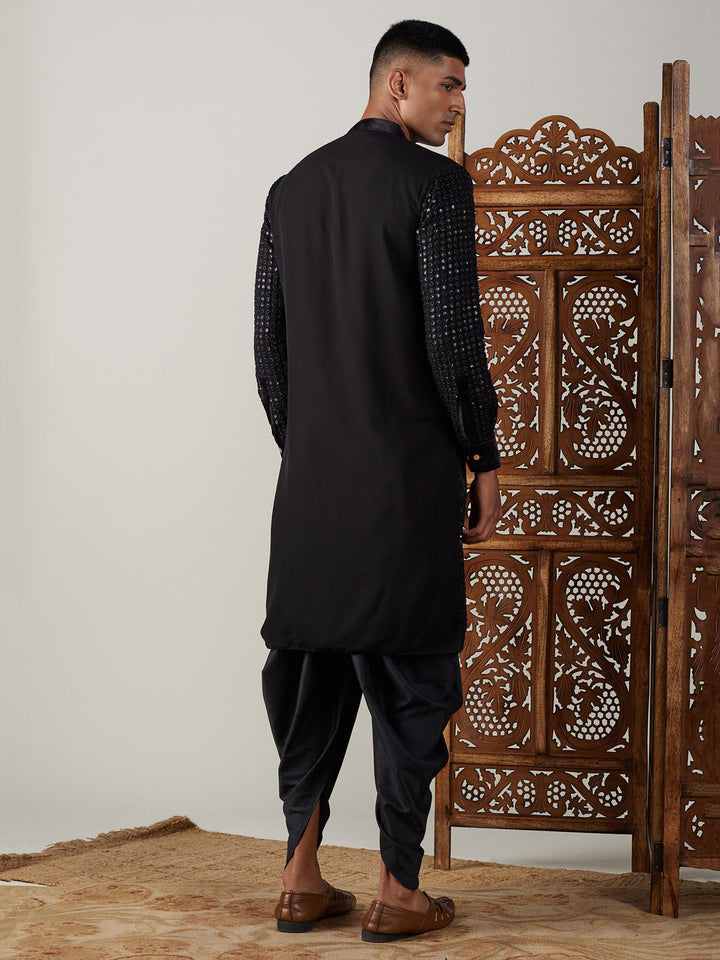 Vastramay Men's Black Mirror Georgette Kurta Dhoti Set with traditional Indian design and comfortable fit for special occasions