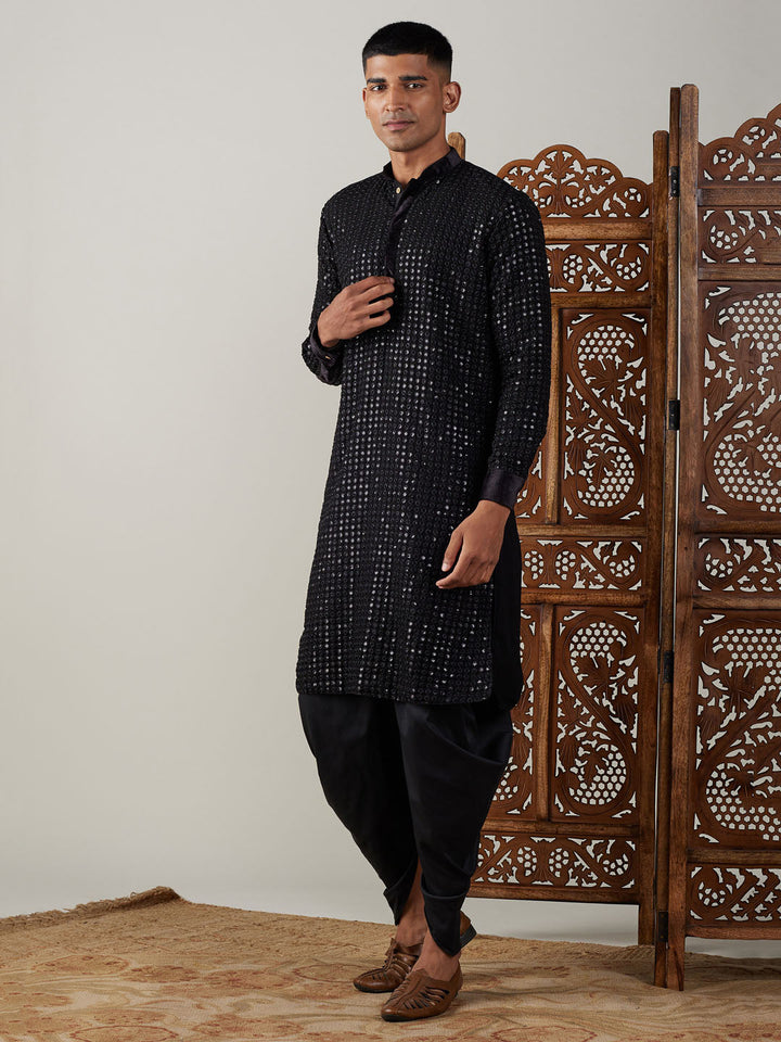 Vastramay Men's Black Mirror Georgette Kurta Dhoti Set, traditional Indian attire for special occasions