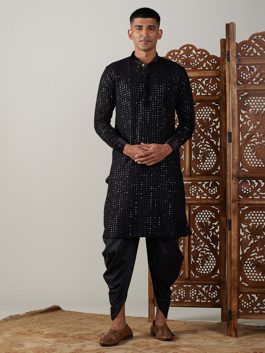 Vastramay Men's Black Mirror Georgette Kurta Dhoti Set with intricate detailing and traditional design for special occasions and celebrations