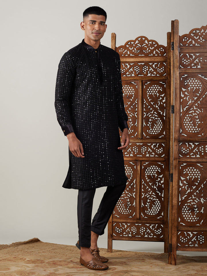 Vastramay Men's Black Mirror Georgette Kurta Pant Set with intricate embroidery and elegant design for a stylish and sophisticated look