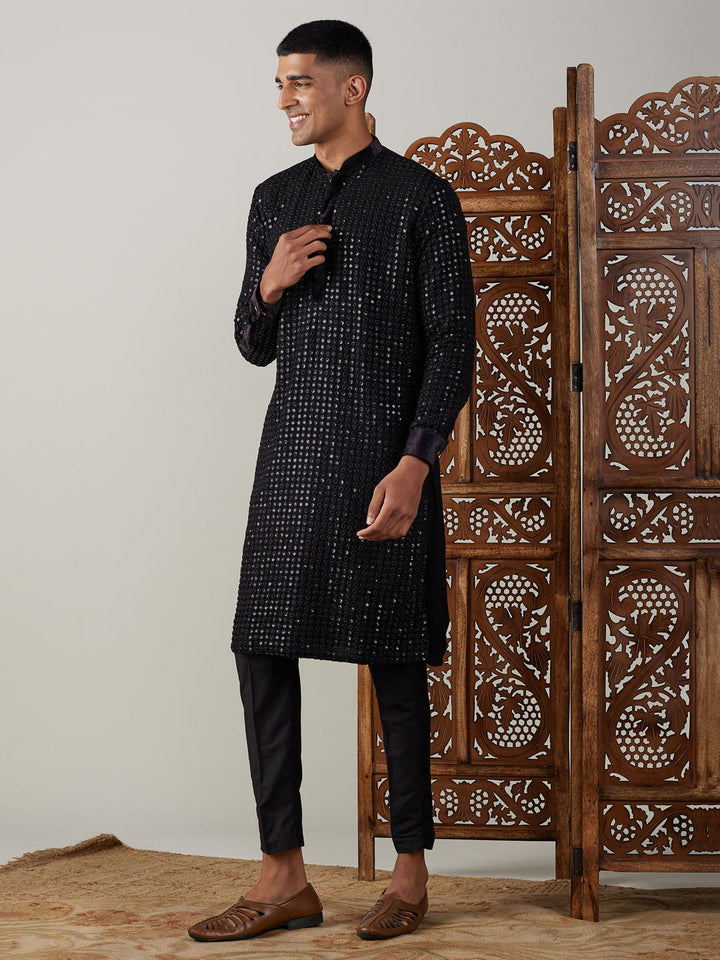 Vastramay Men's Black Mirror Georgette Kurta Pant Set - Traditional Indian ethnic outfit for men in classic black color with intricate mirror work detailing