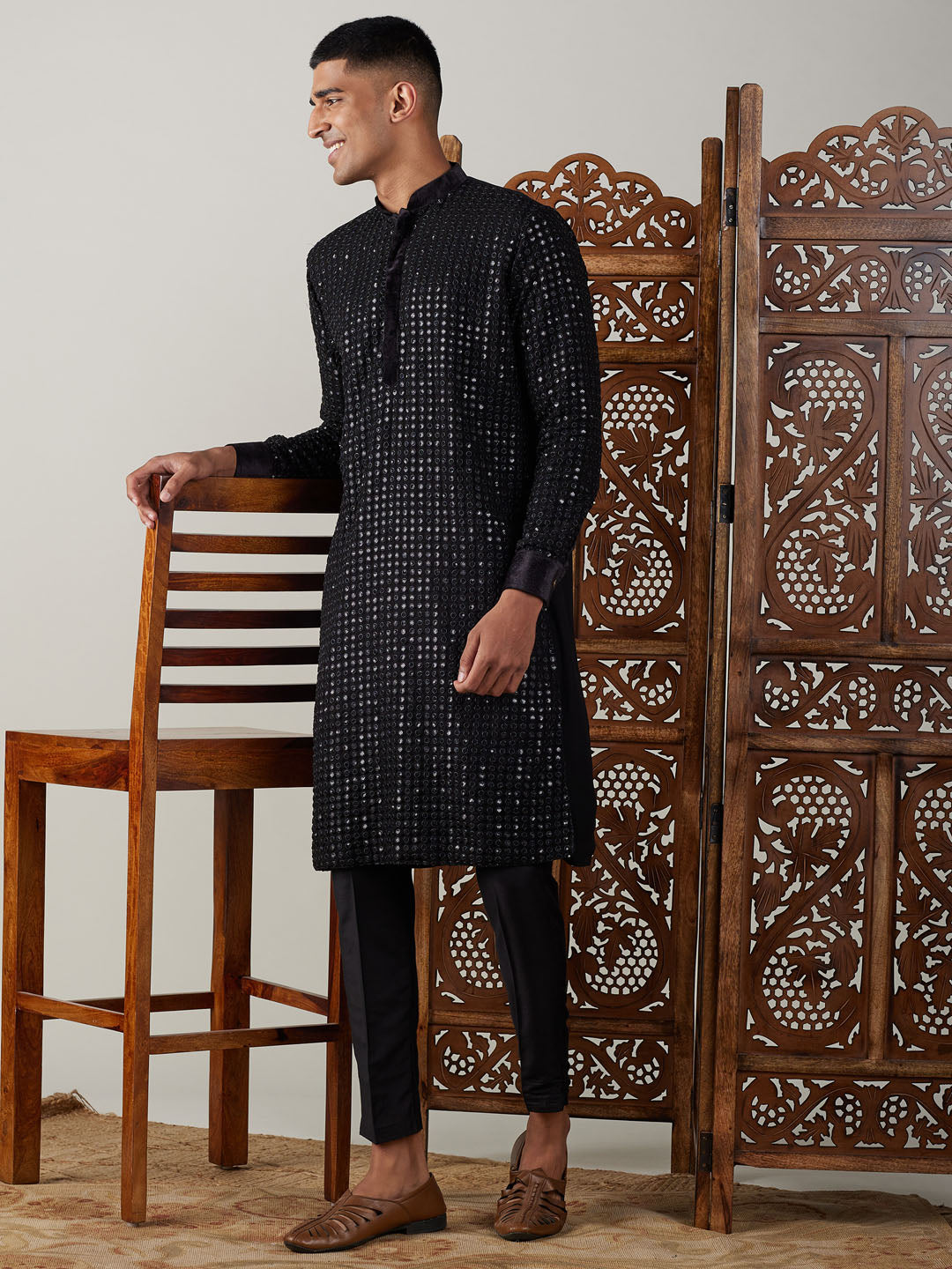 Elegant and stylish men's kurta pant set in black mirror georgette fabric