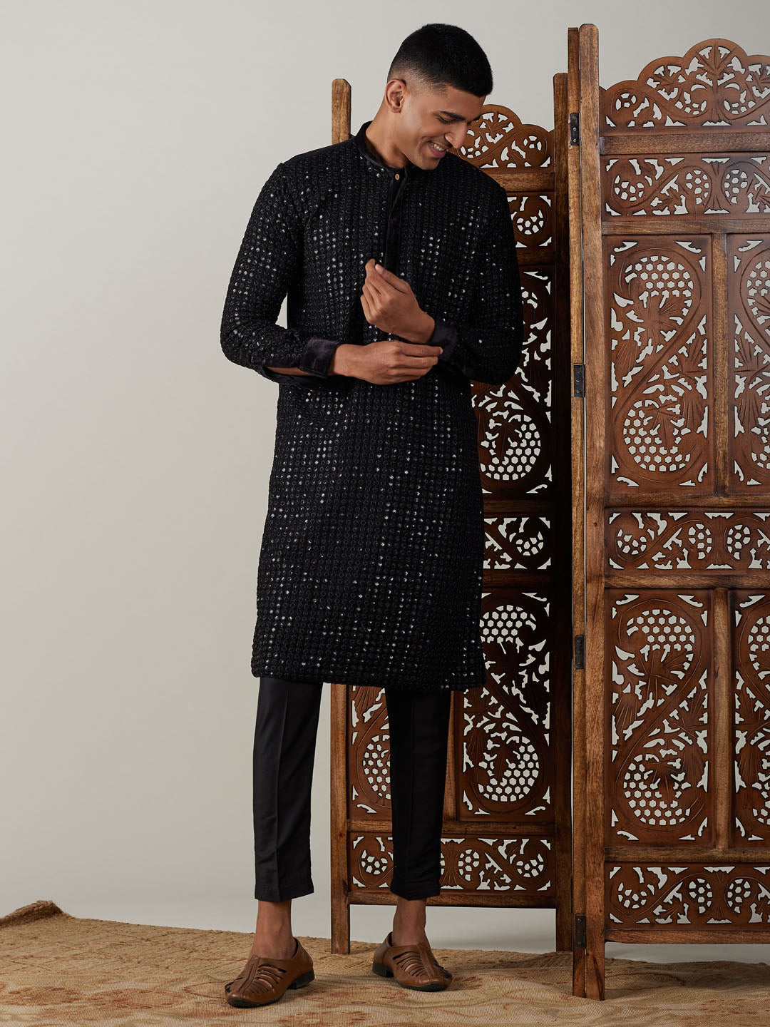 Vastramay Men's Black Mirror Georgette Kurta Pant Set with intricate embroidery and traditional Indian design