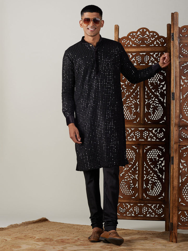 Vastramay Men's Black Mirror Georgette Kurta Pyjama Set