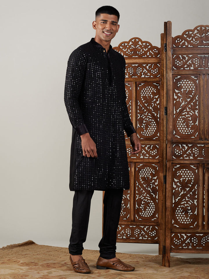 Vastramay Men's Black Mirror Georgette Kurta Pyjama Set front view with intricate embroidery and embellishments