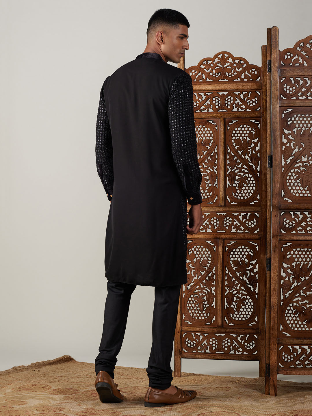 Vastramay Men's Black Mirror Georgette Kurta Pyjama Set - Front view with intricate embroidery