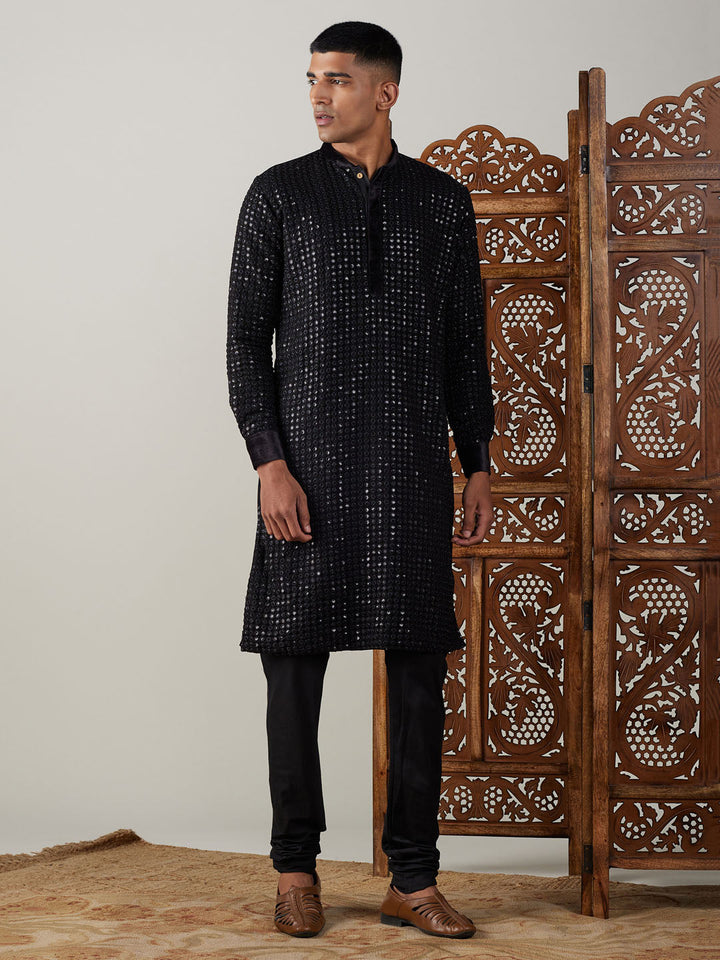 Vastramay Men's Black Mirror Georgette Kurta Pyjama Set - Close-up of the detailed design on the kurta