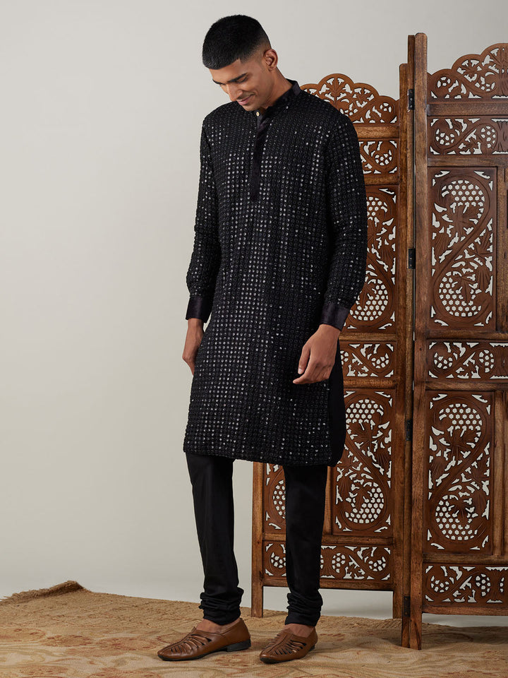 Vastramay Men's Black Mirror Georgette Kurta Pyjama Set