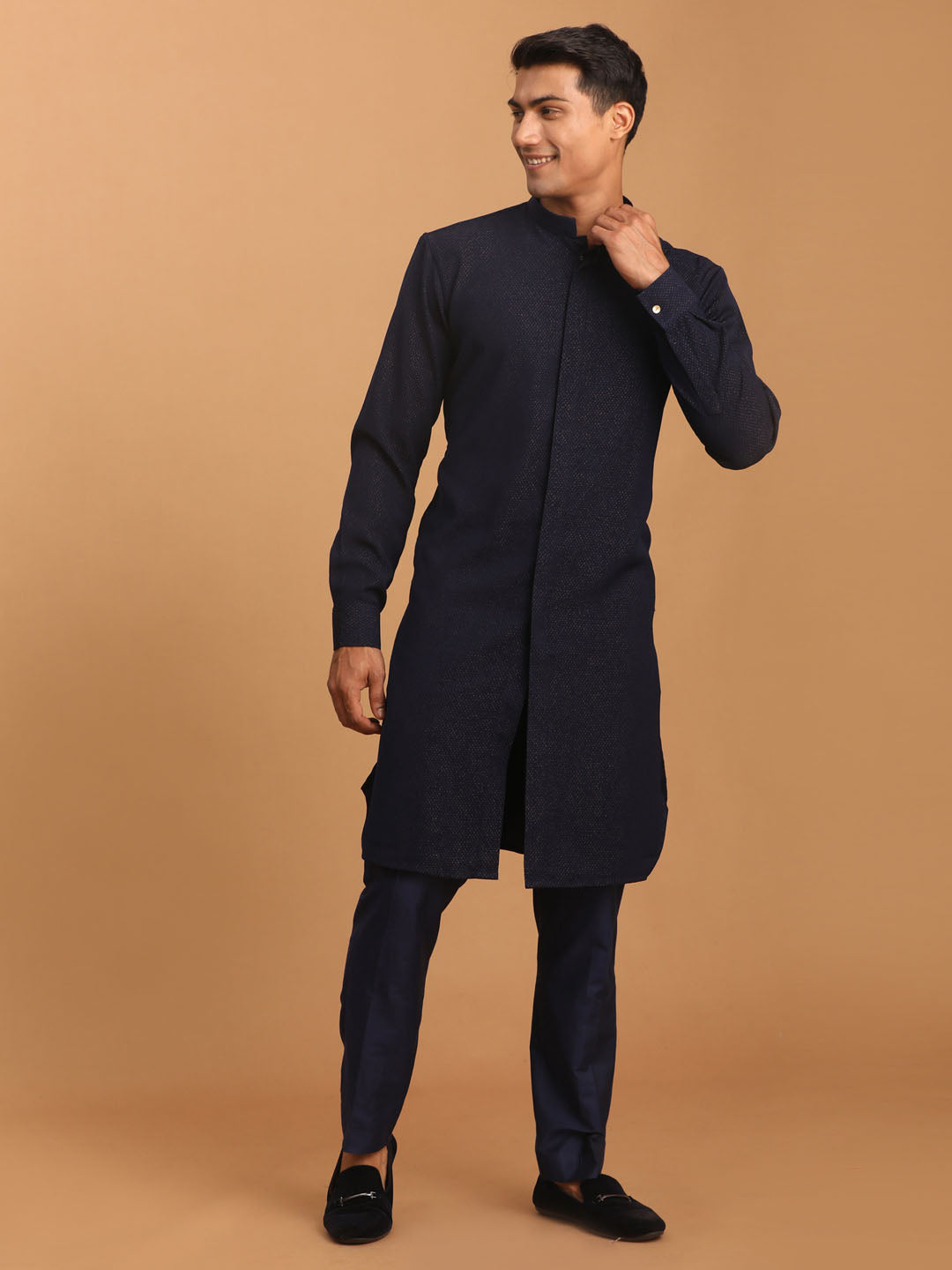 Vastramay Men's Navy Blue Printed Kurta With pant Set