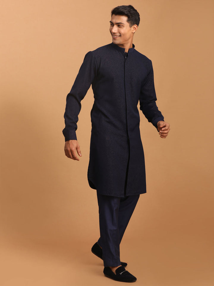 Vastramay Men's Navy Blue Printed Kurta With pant Set