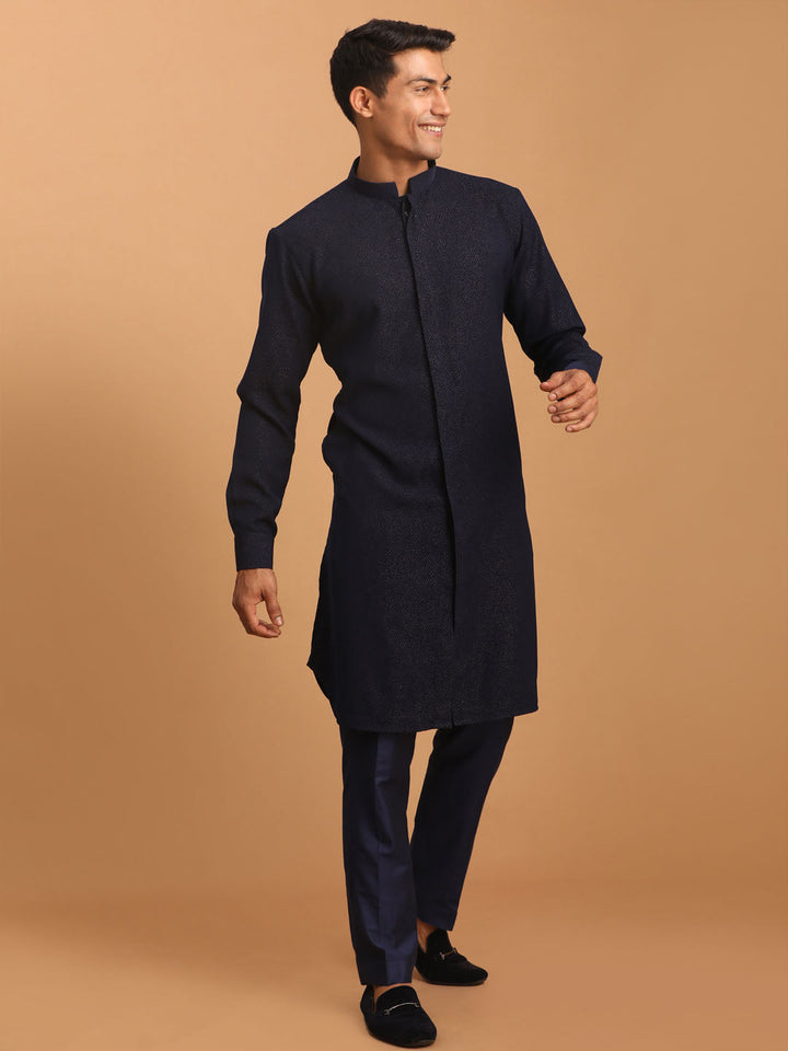 Vastramay Men's Navy Blue Printed Kurta With pant Set