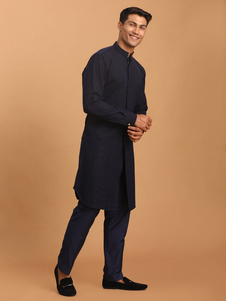 Vastramay Men's Navy Blue Printed Kurta With pant Set