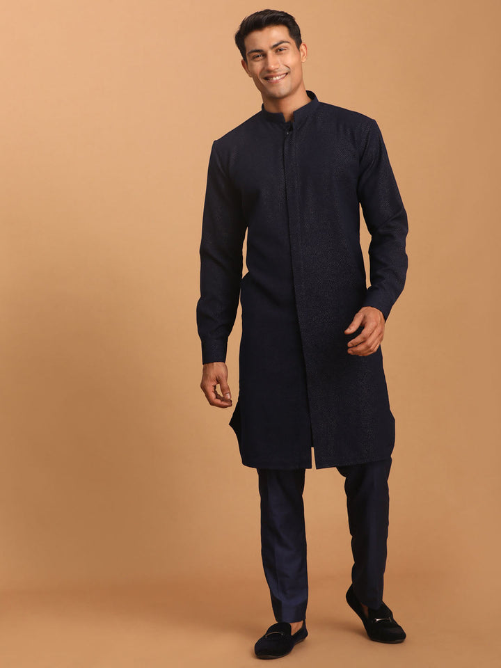 Vastramay Men's Navy Blue Printed Kurta With pant Set