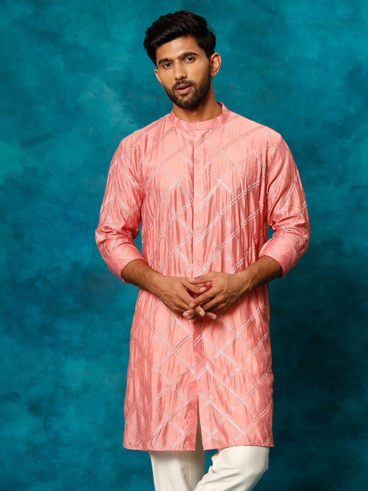 SHRESTHA BY VASTRAMAY Men's Onion Pink Embellished Kurta