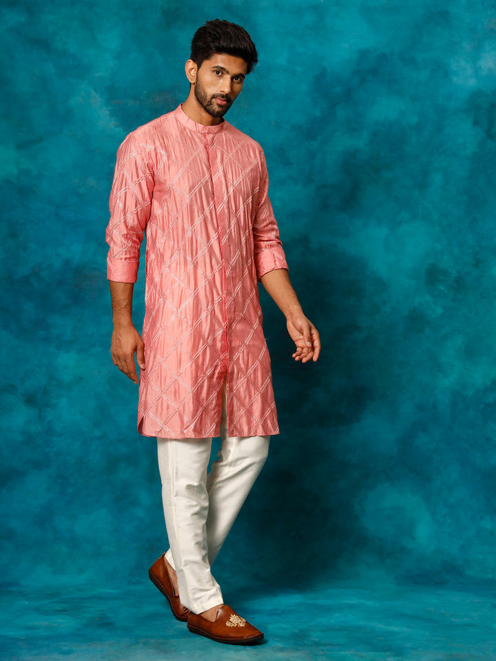 SHRESTHA BY VASTRAMAY Men's Onion Pink Embellished Kurta