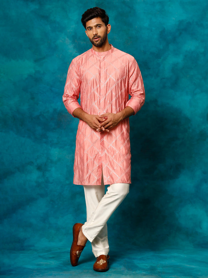 Vastramay Men's Onion Pink Chanderi Cotton Embellished Kurta Pant Set