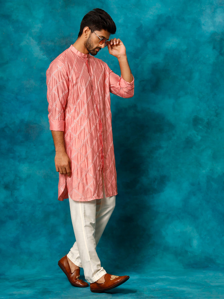 Vastramay Men's Onion Pink Chanderi Cotton Embellished Kurta Pant Set