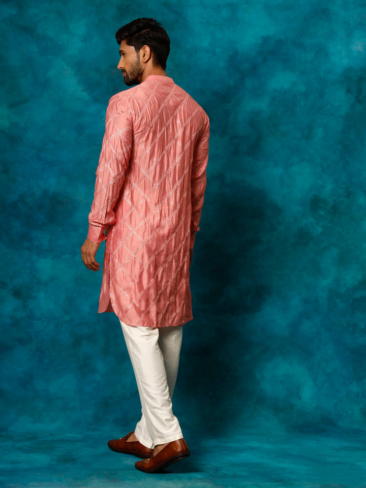 Vastramay Men's Onion Pink Chanderi Cotton Embellished Kurta Pant Set