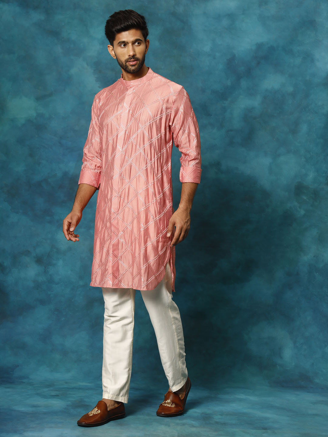 Vastramay Men's Onion Pink Chanderi Cotton Embellished Kurta Pant Set