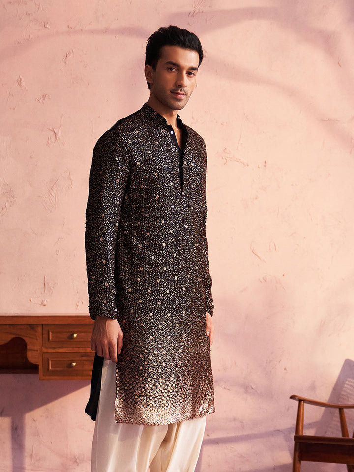 SHRESTHA By VASTRAMAY Men's Black Georgette Zari With Sequins Worked Kurta