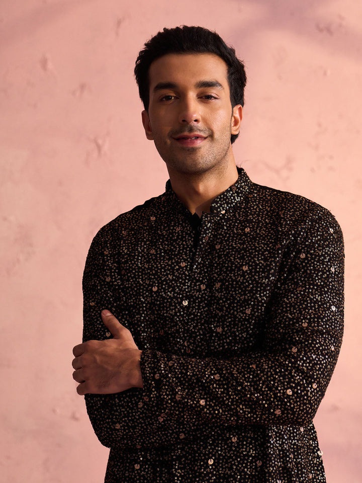 SHRESTHA By VASTRAMAY Men's Black Georgette Zari With Sequins Worked Kurta