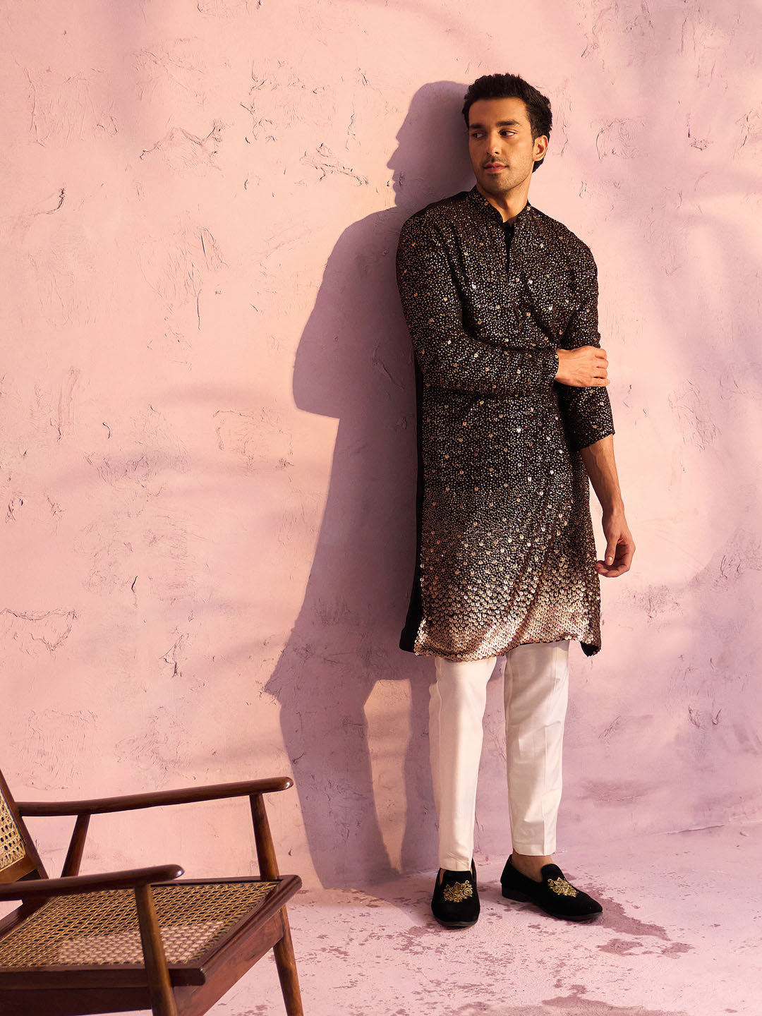 Men's Black Georgette Zari With Sequins Worked Kurta Pant Set