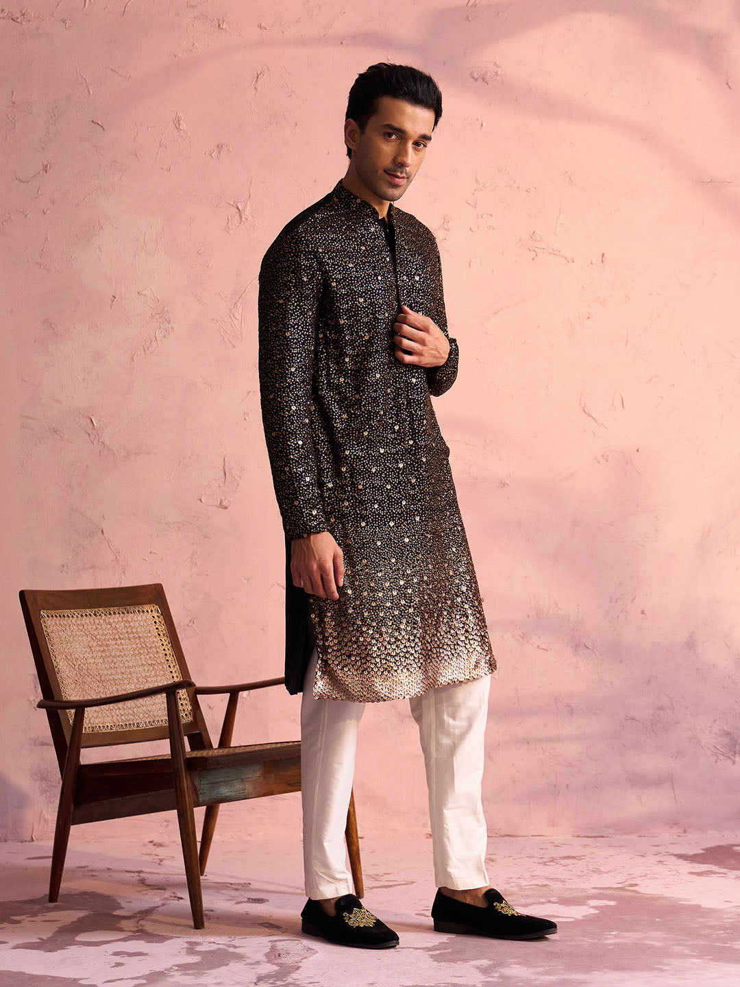 Men's Black Georgette Zari With Sequins Worked Kurta Pant Set