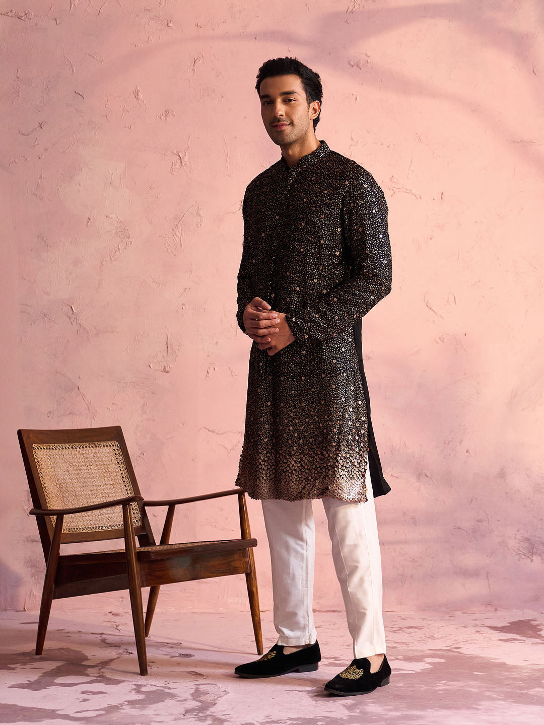 Men's Black Georgette Zari With Sequins Worked Kurta Pant Set