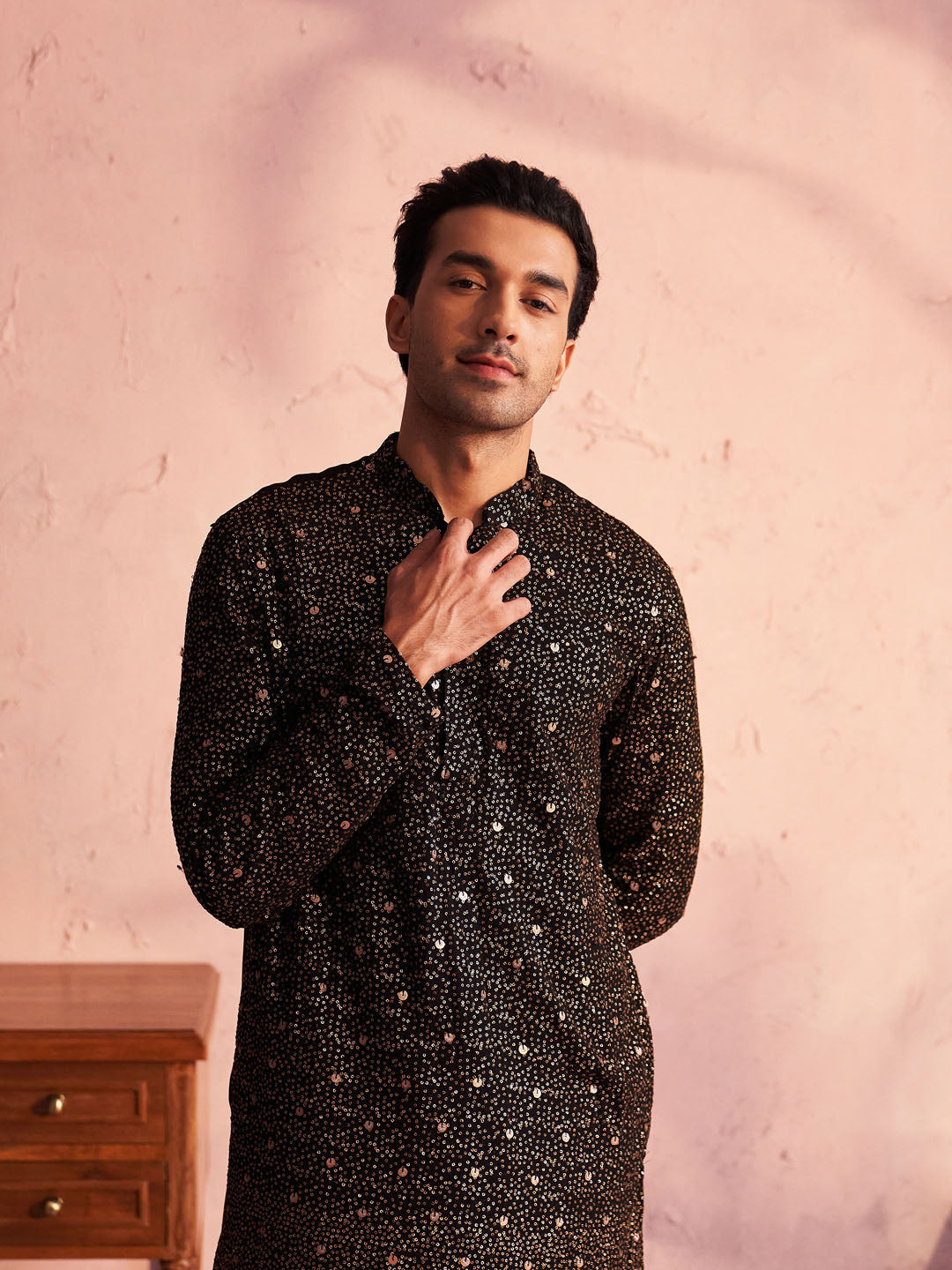 Men's Black Georgette Zari With Sequins Worked Kurta Patiala Set