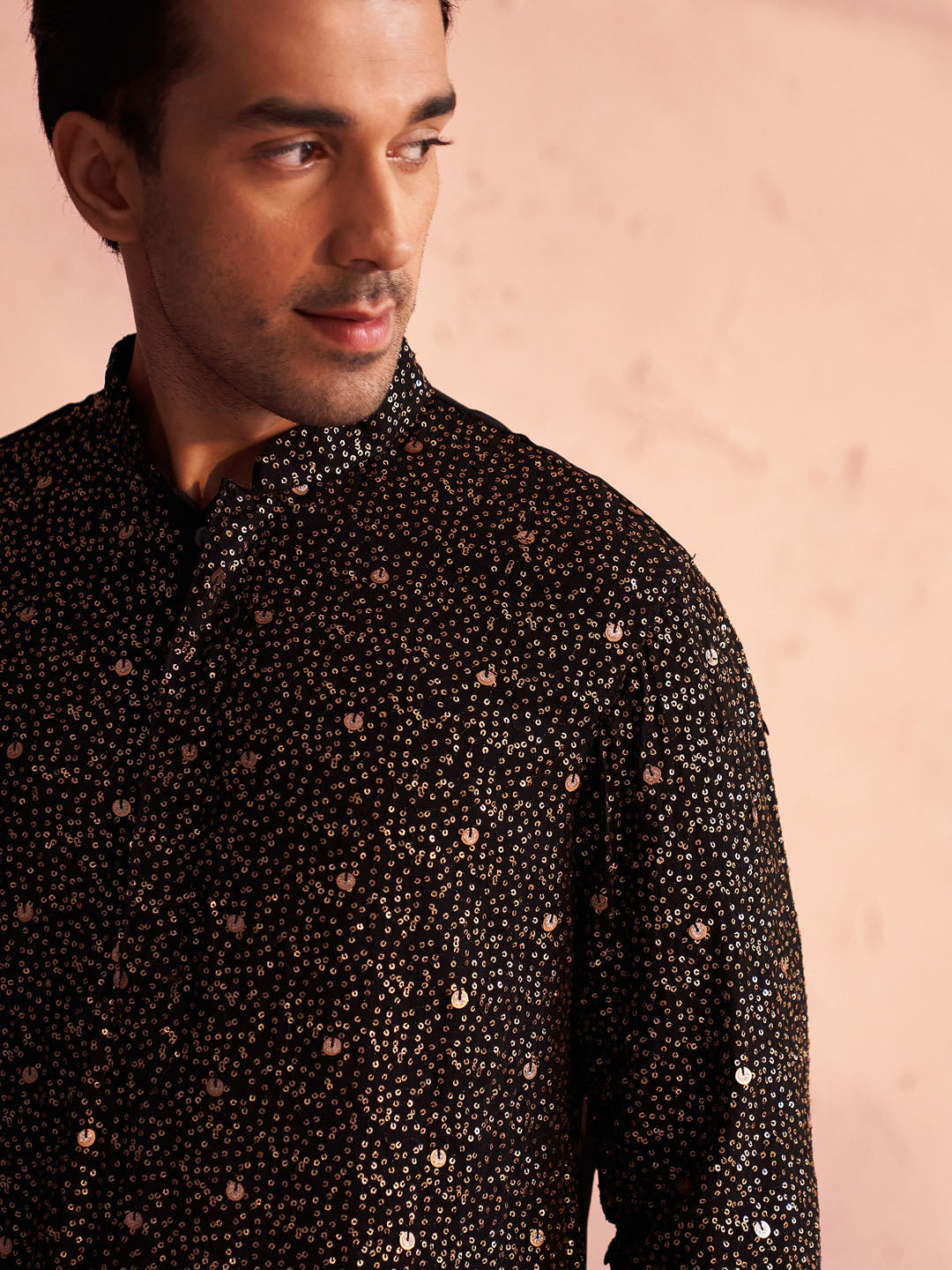 Men's Black Georgette Zari With Sequins Worked Kurta Patiala Set