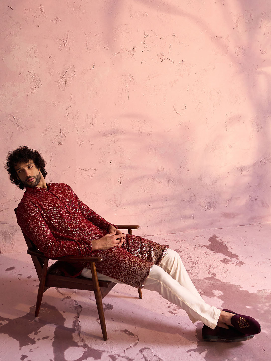 Men's Maroon Georgette Zari With Sequins Worked Kurta Pant Set