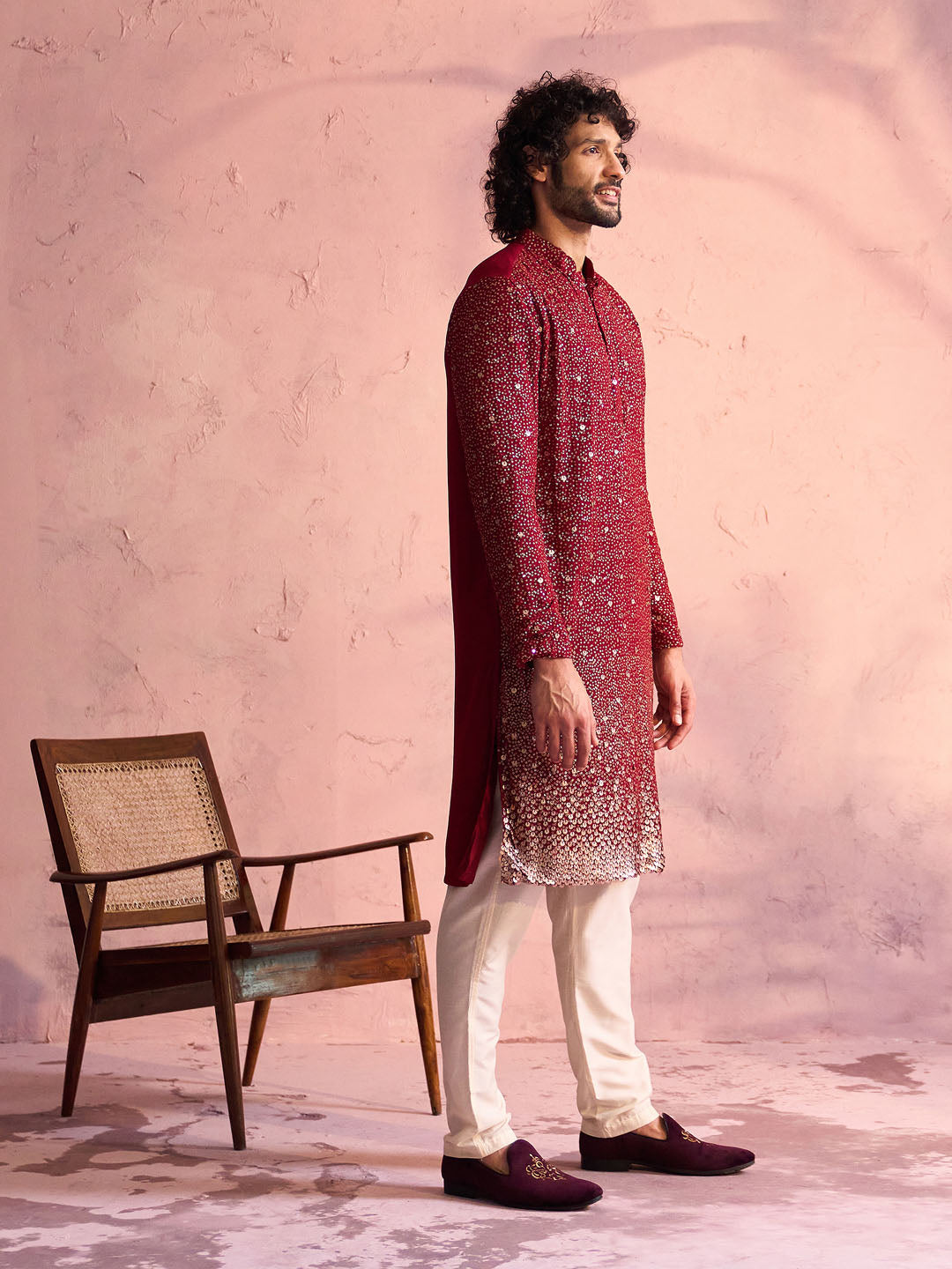 Men's Maroon Georgette Zari With Sequins Worked Kurta Pant Set