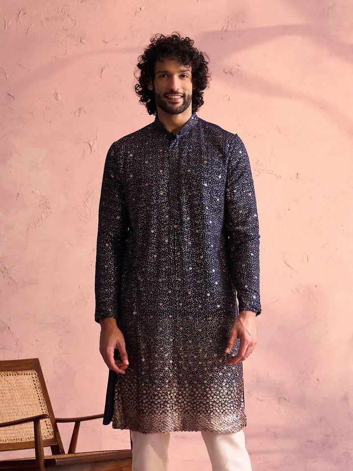 SHRESTHA By VASTRAMAY Men's Navy Blue Georgette Zari With Sequins Worked Kurta