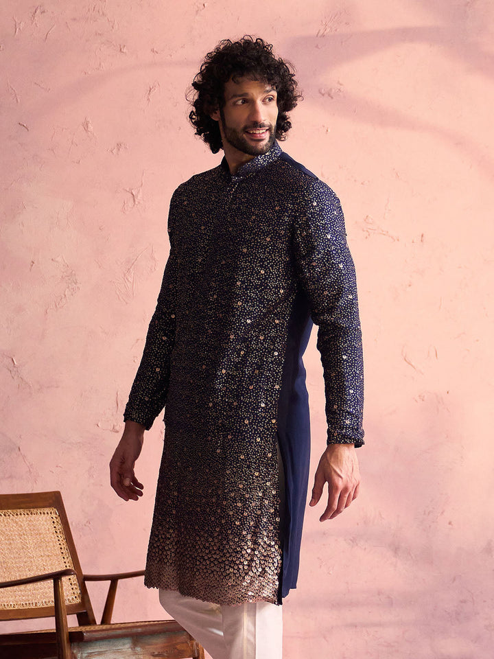 SHRESTHA By VASTRAMAY Men's Navy Blue Georgette Zari With Sequins Worked Kurta