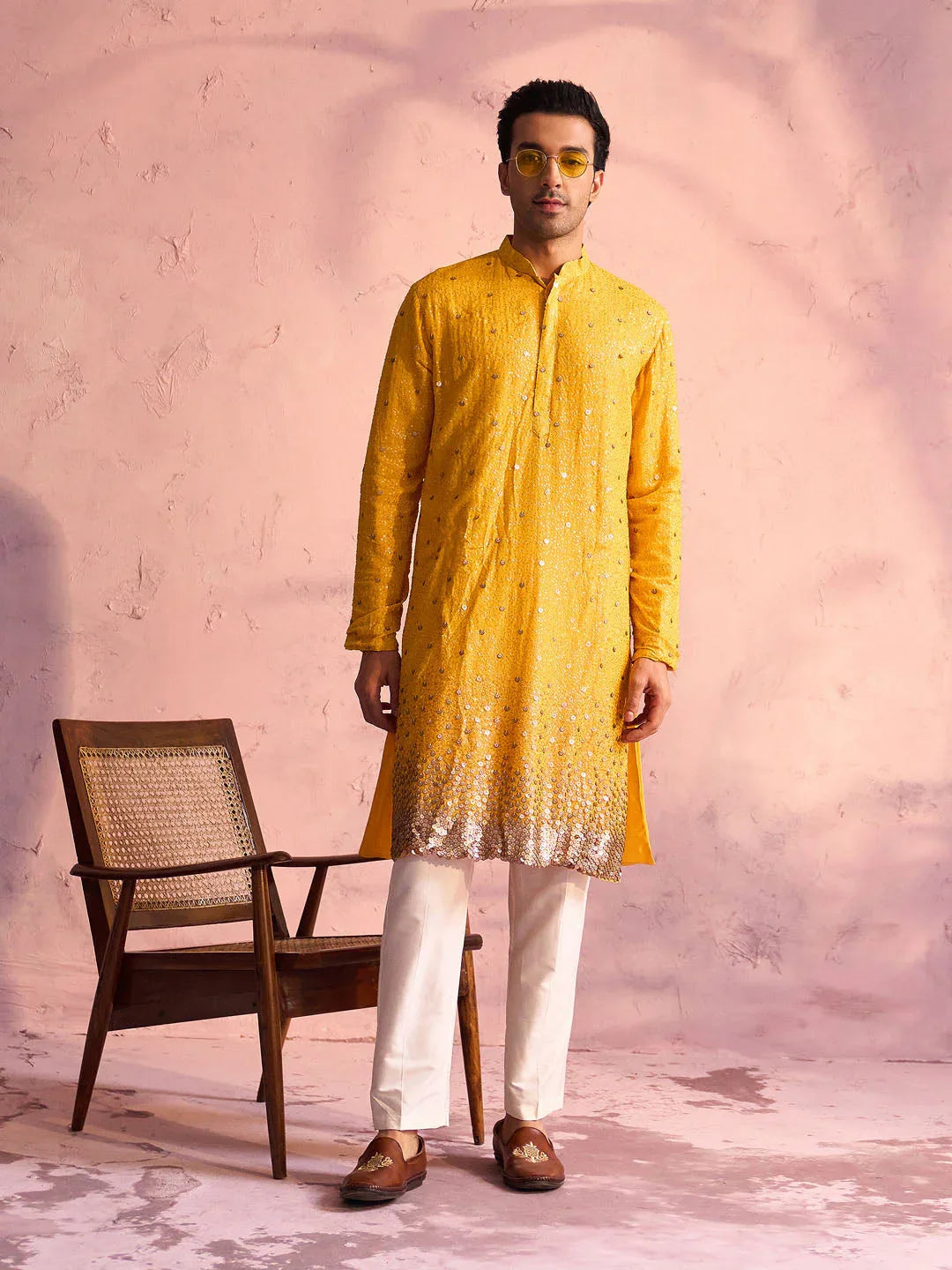 Men's Yellow Georgette Zari With Sequins Worked Kurta Pant Set