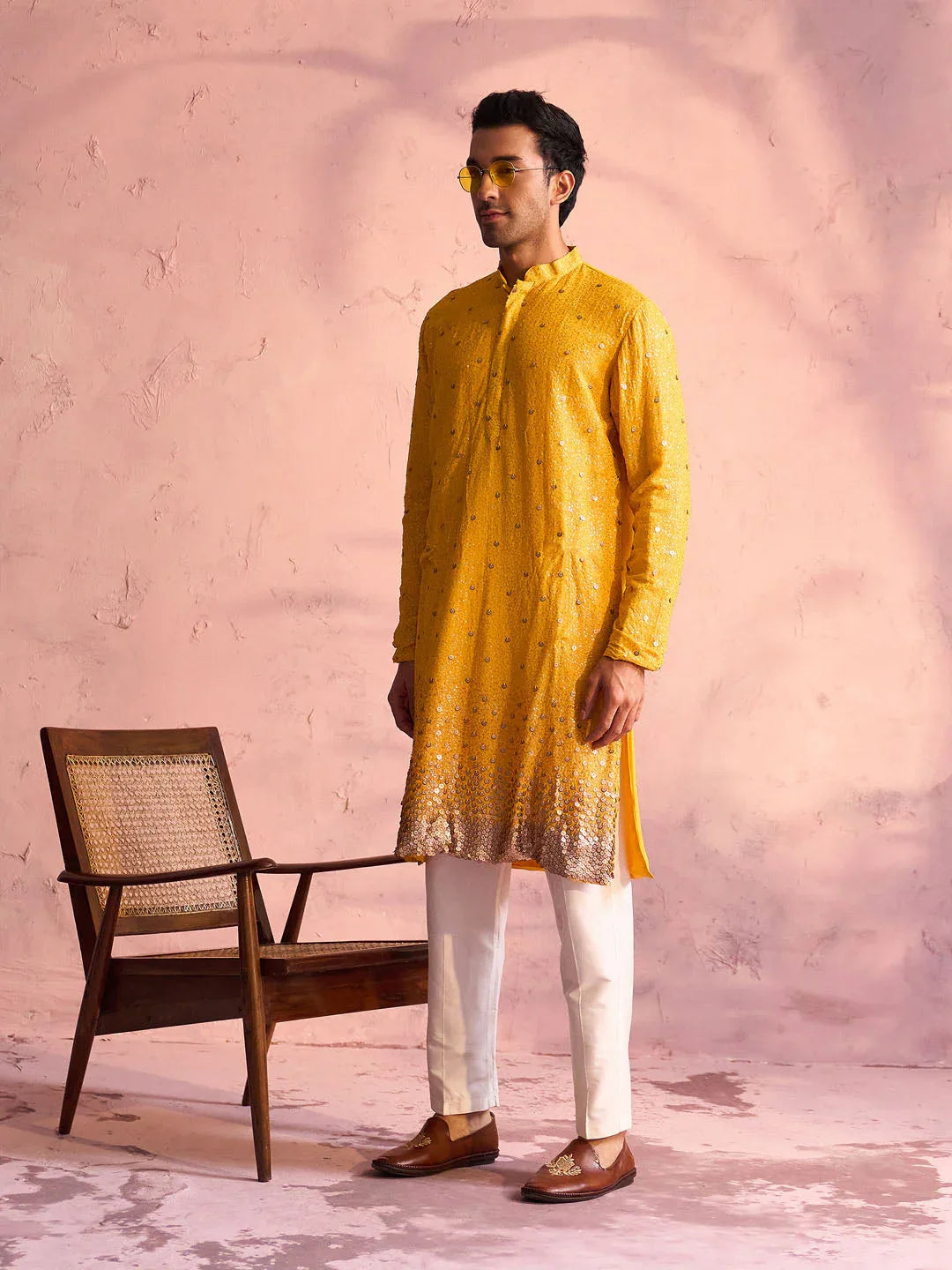 Men's Yellow Georgette Zari With Sequins Worked Kurta Pant Set