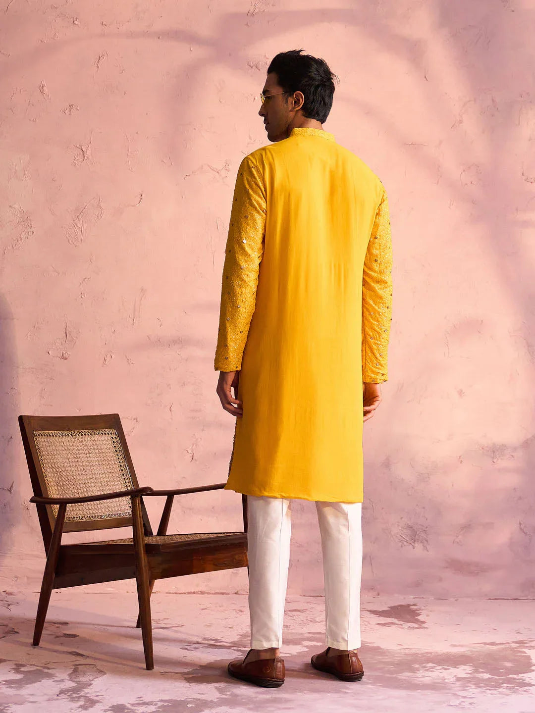 Men's Yellow Georgette Zari With Sequins Worked Kurta Pant Set
