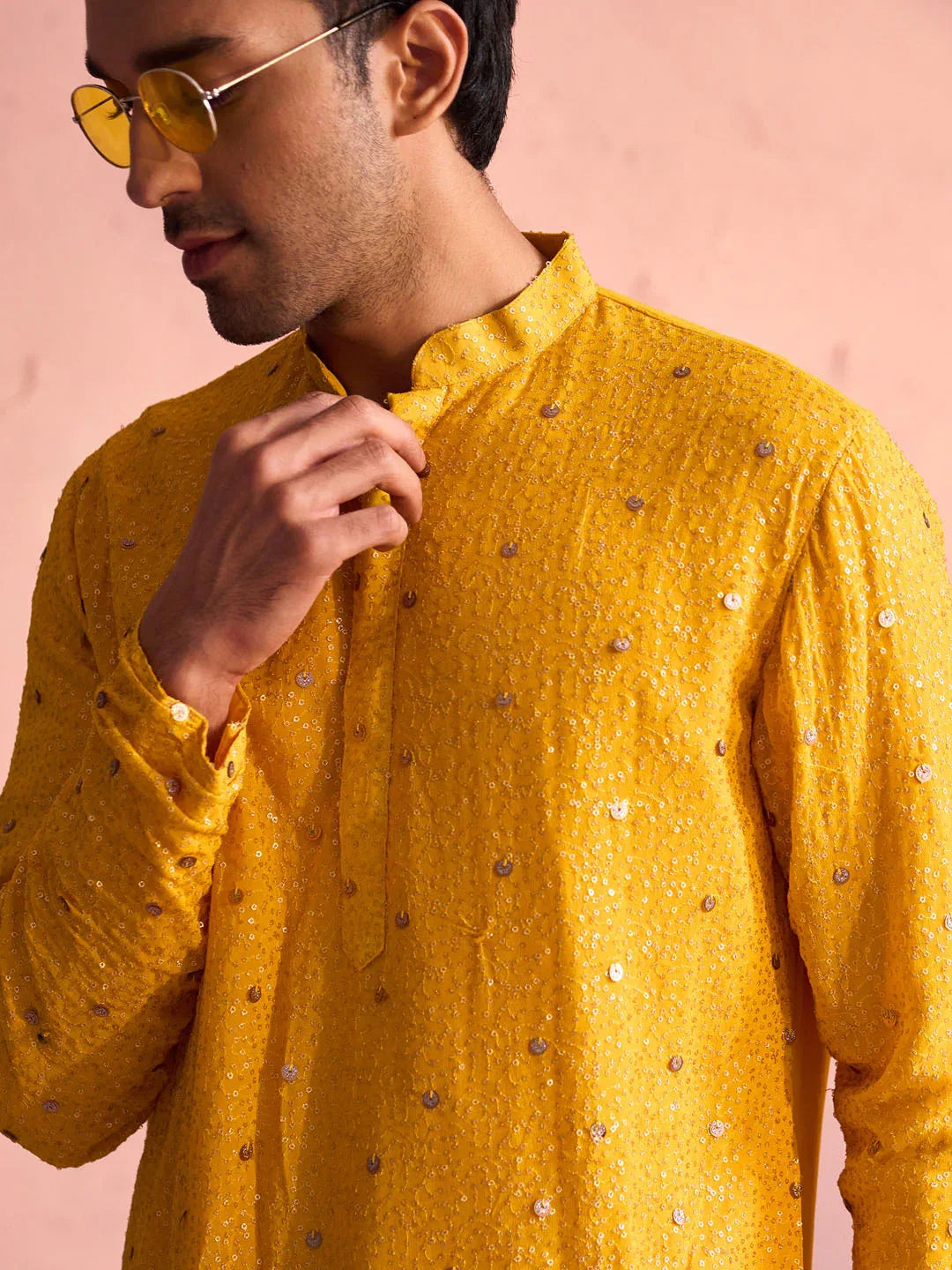 Men's Yellow Georgette Zari With Sequins Worked Kurta Pant Set