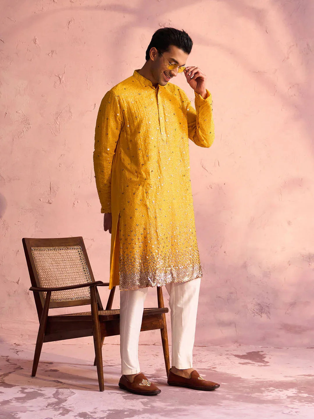 Men's Yellow Georgette Zari With Sequins Worked Kurta Pant Set