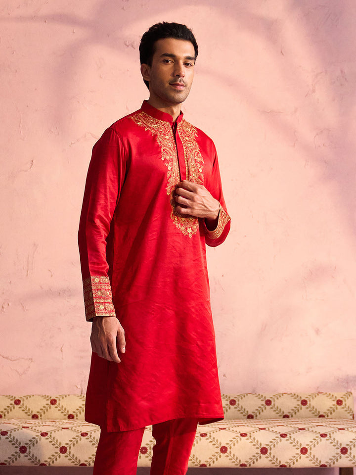 SHRESTHA By VASTRAMAY Men's Red Silk Blend Embroidered Ethnic Kurta